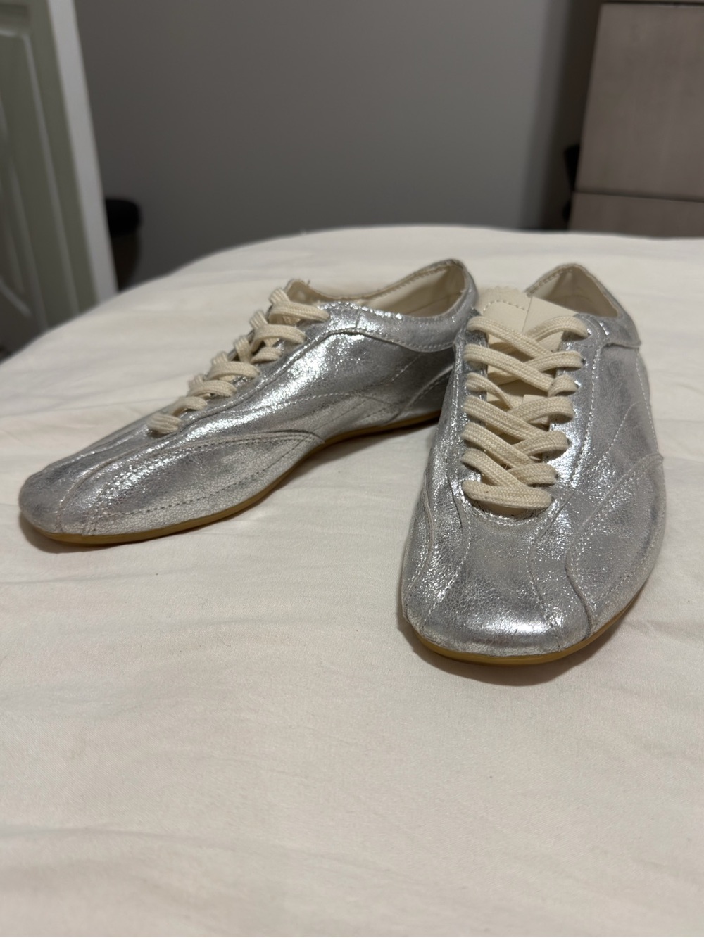 Zara Metallic Silver Low-Profile Lace-Up Sneakers